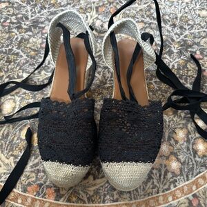 Black Lace Espadrille Tie-Ankle Wedges
